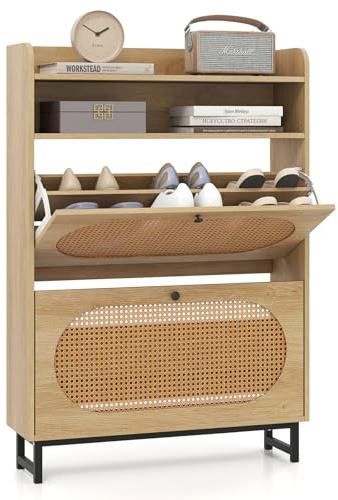 GOPLUS Schuhschrank schmal, Schuhkipper mit offenem Stauraum, 2 Klappen, Schuhregal mit Rattanoptik, Schuhaufbewahrung mit Metallbeinen, Schuhkommode für Flur, Eingang, Wohnzimmer