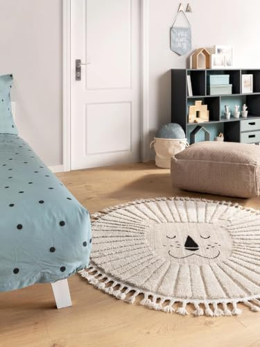 benuta lytte Kinderteppich Momo - Kunstfaser - Rund & im Style: Tiermotive - Pflegeleicht für Kinderzimmer, Cream, ø 120 cm rund