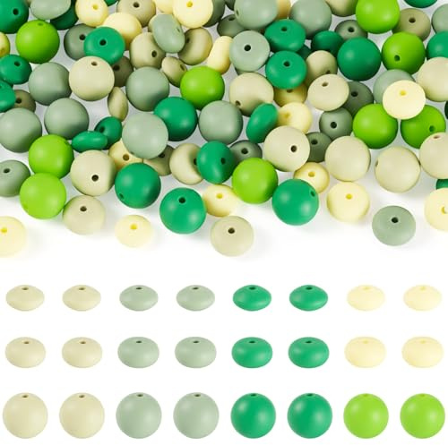 Cheriswelry 120Pcs 15mm Round Silicone Beads Green Yellow Silicone Abacus Beads Lentil Rondelle Rubber Focal Bead for DIY Beadable Pens Bracelet Keychain Jewelry Making