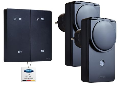 m-e Starterset-11 CUVEO Funksteckdose Outdoor Set mit Funk-Wandtaster 2-Kanal und 2x Funksteckdose mit Schalter Außen spritzwassergeschützt IP54 Reichweite 70 Meter 2000W Schaltsystem Schwarz