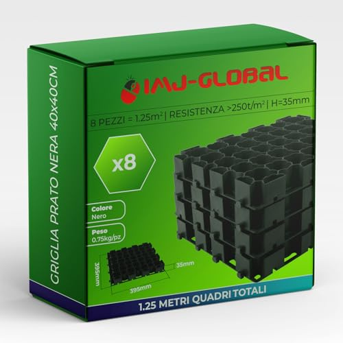 IMJ-Global - Griglia Salvaprato Carrabile Set Modulare 405x405x35mm, Griglia Plastica Stabilizzante Nera per Giardino, Prato e Ingressi, Rinforza il Terreno Mantenendolo Livellato (Set 8 Pezzi)
