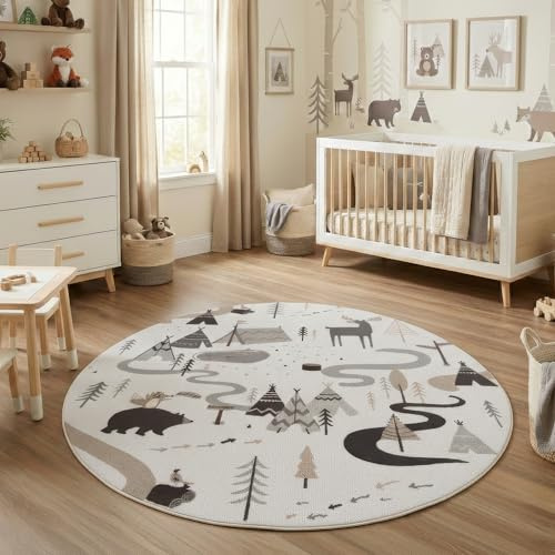 Carpettex Kinderteppich Wald Tiere Rund 160 cm Creme