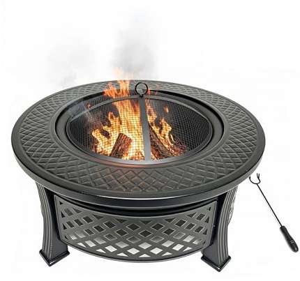 Relaxdays Feuerschale, Ø Schale 55 cm, mit Funkenschutz, Schürhaken, Stahl, Feuerstelle Garten, Terrasse, schwarz