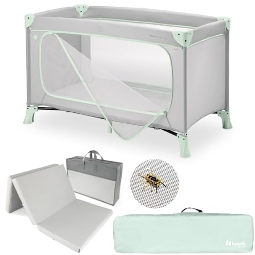 hauck Dream n Play Plus Baby Reisebett Set - Dusty Mint | inkl. Matratze & Insektenschutz | faltbares Kinder Reisebett mit großem Seiteneingang und Tasche