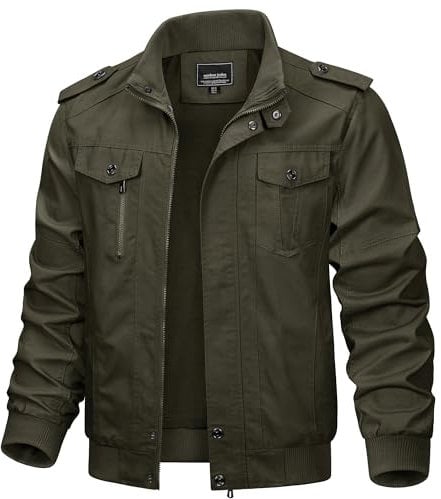 KEFITEVD Herren Baumwoll Militär Freizeitjacken Winddichte Feldjacke Stehkragen Jacke Reißverschluss Jacke Armeegrün, X-Large