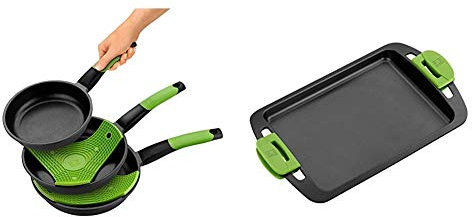 BRA Prior - Set de 3 sartenes, aluminio fundido antiadherente, 18, 22 y 26 cm, incluye dos salvamanteles Safe verdes + Plancha Asar, Aluminio, Negro, 40 cm