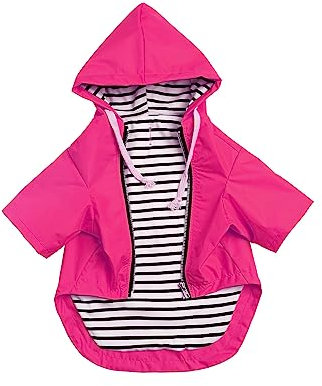 MOREZI Wind&Wasserdicht Hunderegenmantel mit Beinschutz & Fest Kapuze - Leichtes Outdoor - Für kleine/mittlere Hunderassen - Reißverschluss, Verstellbarer Kordelzug, Pink, S