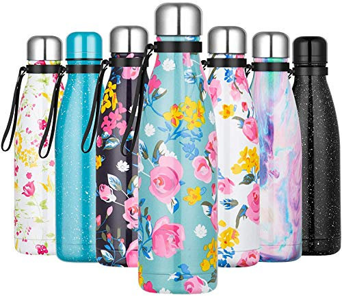 JIAHU Bouteille d'eau en acier inoxydable à double paroi isotherme Motif fleurs Bleu