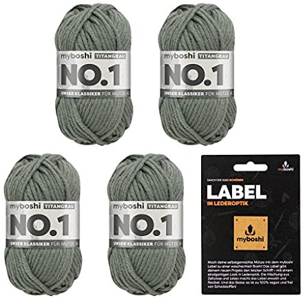 myboshi No.1 Wolle zum Häkeln und Stricken, Schnellstrickgarn, langlebige Mützenwolle, Strickwolle, Häkelwolle, mulesing-frei, Ll. 55m /50g, 30% Wolle (Merinowolle) Grau (Titangrau) 4 Knäuel