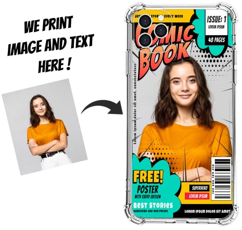CWYW Maßgeschneiderte Hülle für iPhone 15 14 13 12 11 Pro/Max/Mini XR X Xs Max, personalisierte mehrere Fotos Handyhülle stoßfest weiches TPU Design Ihre eigene Hülle, Comicbuch