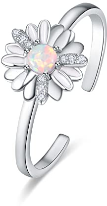 TANGPOET Gänseblümchen Ring 925 Sterling Silber Opal Daumenring Daisy Ringe Verstellbarer offener Ring Größe Q Schmuck Geschenke für Frauen Damen