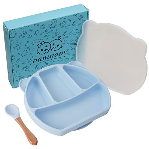 Plato para bebé con ventosa – Plato de aprendizaje de alimentos antideslizante y con cierre para niños pequeños con división y tapa – Juego de vajilla para bebés – Silicona sin BPA (azul)