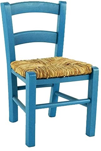 SEDIOLINA BABY IN LEGNO CON SEDUTA IN PAGLIA, sedia per bambino (Blu, Faggio)
