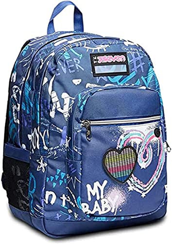 Zaino Scuola Seven Freethink - Rock on Girl Ragazza - Azzurro - Doppio scomparto con cuore LED - Tasca porta borraccia