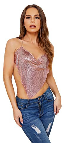 Women Metal Sequin Sparkle Glitter Tank Deep V Neck Spaghetti Strap Backless Chain Halter Crop Tops Party Blouse, Rose Gold, One Size