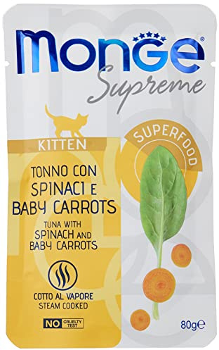 Monge Supreme Kitten Tuna with Spinach and Baby Carrots, Nassfutter für Katzen (Katzenfutter aus Thunfisch mit Spinat und Babykarotten, getreidefreies Nassfutter, gut verdaulich, 80 g)