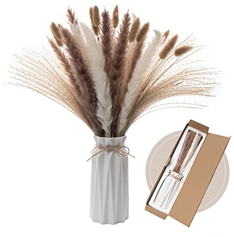 Wemk Pampas Secas Decoracion con Jarrón Incluido, 44 Piezas Pampa Naturales Blancas y Marrones, cañas, Colas de Conejo, Adecuado para Boda y Hogar Decoracion