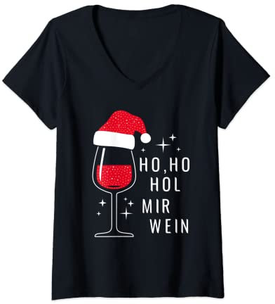 Damen Ho Ho Hol Mir Wein Weihnachts Outfit Nikolaus Mütze Fun Xmas T-Shirt mit V-Ausschnitt
