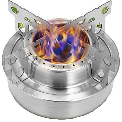 Fornello Ad Alcool per Esterni Stufa Pirolitica da Campeggio in Acciaio Inossidabile con Supporto a Croce Mini Bruciatore a Spirito per Escursionismo con Zaino in Spalla,Silver,8.5cm