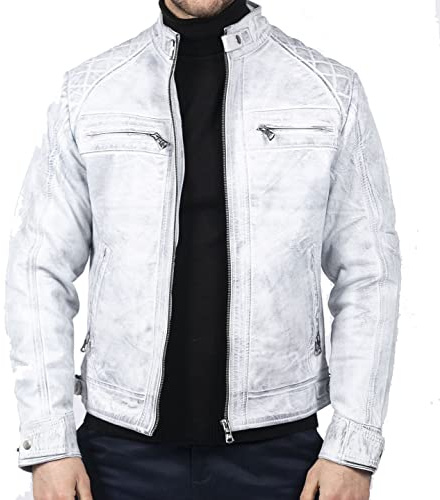 TruClothing Men's Biker Jacket Outwear Windproof Winter Motorcycle Rider Real Leather Jackets Coat Retro - White L