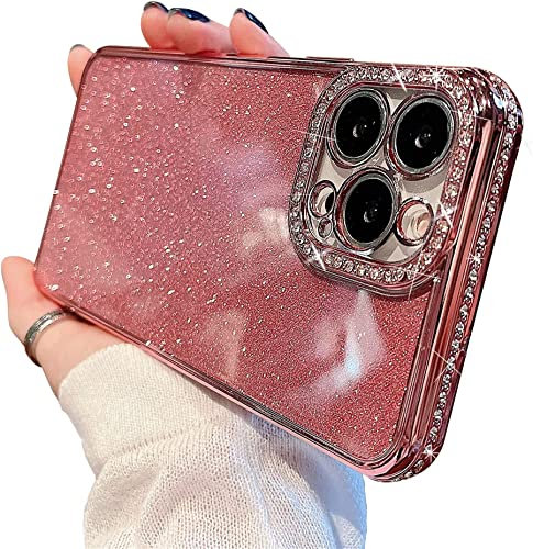 Tybiky Coque de protection pour iPhone 12 Pro Max, en silicone brillant, avec strass brillants, anti-chocs et objectif d'appareil photo - Rose