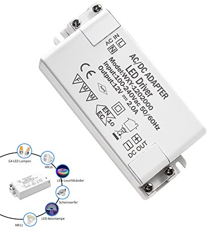 LED Trafo LED Transformator 24W,LED Treiber Netzteil,230V auf 12V Niedervolttrafo kein LED-Flimmern und Transformator-Rauschen,keine Mindestbelastung für G4,MR16,LED Lampen,1er Pack