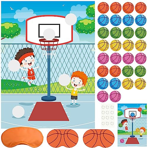 PLULON Basketball-Partyspiel Pin The Basketball Hoop Geburtstagspartyspiel Kinder großes Basketball-Poster Basketball-Aufklebern Jungen Mädchen Klassenzimmeraktivitäten Geburtstagsparty-Dekorationen