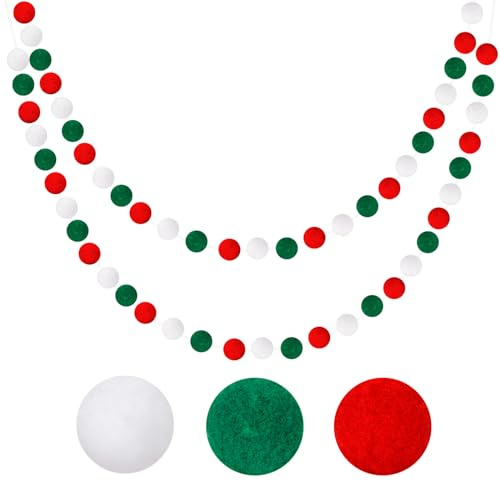 G2PLUS 2PCS Pre-strung Felt Ball Garland, Christmas Pom Pom Garland with 60 Balls, Red Green and White Felt Ball Garlands for Christmas Party Decoration