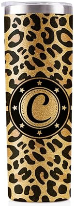 Onebttl Personalised Leopard Print Cup With Initial - Unique Gift for Women - Birthday, Christmas Ideas - 591ml Vacuum Tumbler With Lid and Straw - Glitter - C