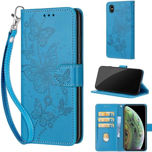 TOMYOU Wallet for iPhone X/XS Case, Blue Butterfly | Embossed PU Leather, Folio Flip Notebook Wallet, Magnet Closure, Kickstand, 3 Card Slots, Wrist Strap Lanyard