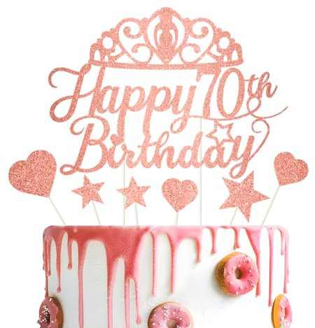 Glitter Happy Birthday Cake Topper Rose Gold Gliter Happy 70th Birthday Cake Topper for Women 70th Birthday Cake Decorations 7PCS by RichMoho