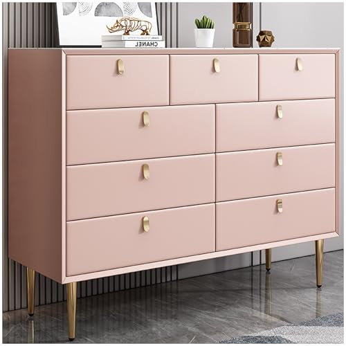 FICHET Commode Blanche Commode à 9 Tiroirs, Dressers Bedroom Funiture, Rock Slab Countertop Wood Dresser, Chest of Drawers Dresser for Bedroom, Larger Drawer Storage Space,Rose,9 Drawer