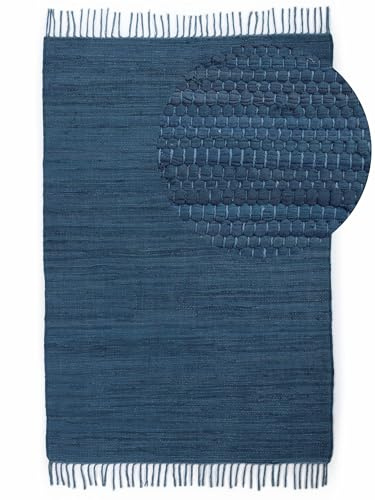carpetfine Flickenteppich Kelim Chindi Uni Blau 140x200 cm, handgewebt | Fleckerlteppich aus Baumwolle für Wohnzimmermit Fransen