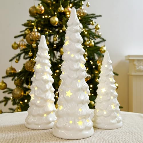 JETEHO Set di 3 alberi di Natale in ceramica bianca che si illuminano da tavolo albero di Natale con luci, stelle e puntini, decorazioni natalizie in ceramica per interni