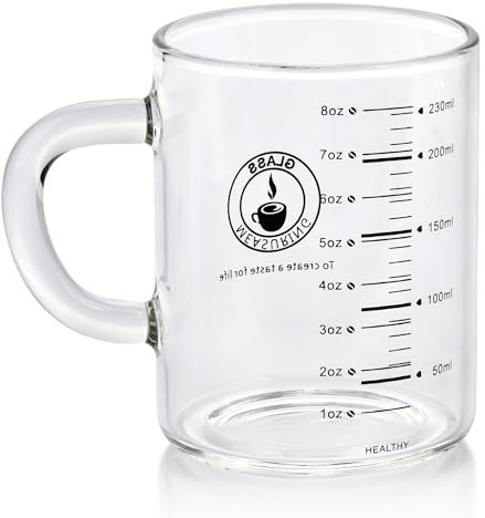 Taza medidora de vidrio de 8 onzas, vasos de chupito de espresso, tazas de café transparentes para vidrio caliente o frío, taza de café pequeña Expresso con mango de vidrio, apta para microondas, taza