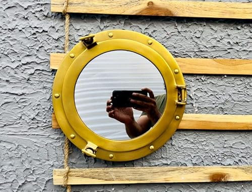 CREATIVEERA Ojo de buey náutico de latón con espejo | Portilla de ventana de pared | Portilla redonda para ventana de barco | Decoración de pared de dormitorio y baño de 12 pulgadas (aluminio, latón