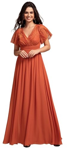 Ever-Pretty Robe Mère de Mariée Col V Dentelle Mousseline Manches Courtes pour Femme Orange Caramel 38