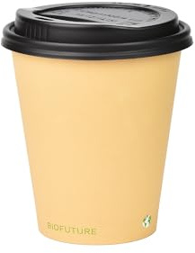 BIOFUTURE Disposable Coffee Cups Compostable Paper Cups with Lids | Eco-Friendly & Biodegradable, Ideal for Hot Drinks, Takeaway or Travel, EN 13432 Certified, 6oz, 50 Count, Sand