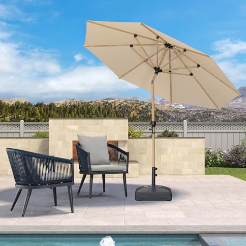 PURPLE LEAF Parasol Droit Rond en Aluminium de 3 m, Parasol Inclinable avec Manivelle et 8 Baleines Robustes, Inoxydable et Résistant aux UV, en Teck, Adapté aux Balcons, Terrasses et Patios, Beige