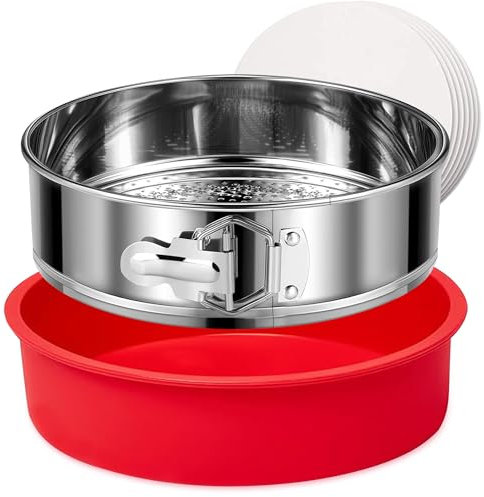 Hikolvol Springform Pan 8.5 Inch Nonstick, Stainless Steel Spring Form Pan for Cheesecake, Silicone Cheesecake Pan Protector, Leakproof Round Cake Pan with Removable Bottom and 40Pcs Parchment Paper