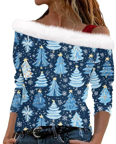 Off Shoulder Weihnachtspullover Damen 3D Druck Plüsch Schulterfrei Langarm Pulli Shirt Mit Glitzer Schulterriemen Xmas Pullover Weihnachtspulli Mädchen Christmas Sweatshirt(Blue,XXL)