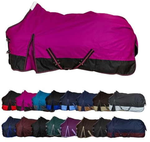 RL24 - Weidedecke 600D Basicline – Regendecke & Übergangsdecke – Wind- & wasserdichte Outdoordecke mit Innenfutter & Kreuzbegurtung – Pferdedecke in Beere/Schwarz – 155cm (Polarfleecefutter)