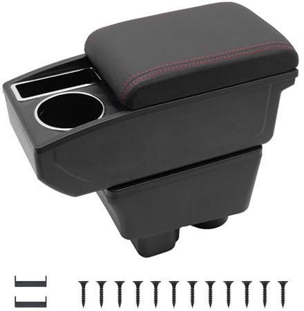 KAERGK Auto Armlehnen für Skoda Fabia 2 2008-2014 Mittelkonsolen für Kfz Doppelter Stauraum mit Getränkehalter Einfache Montage Bequemes und strapazierfähiges Leder Schwarz (Rote Linie)