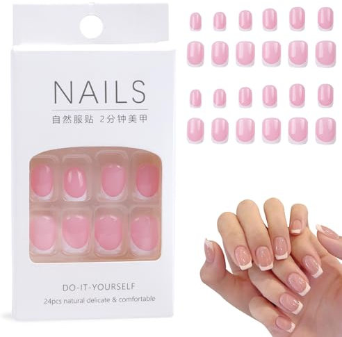 French Press On False Nails: 12 Pcs Pink Short Square Tips Gel Nail, DIY Manicure for Nail Extension, Full Cover False Nails Nude Square Stick on Nails