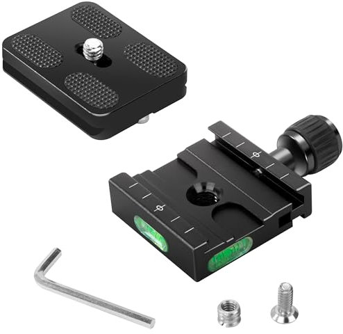 Piastra a Sgancio Rapido da 50 mm, Morsetto Quick Release Plate con Livella a Bolla, Vite da 1/4-3/8 Adattatore, Compatibile con Arca-Swiss, per Fotocamere DSLR, Treppiedi, Monopiede