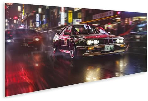 islandburner Prime Bild auf Leinwand Klassischer BMW in der neonbeleuchteten Stadtgeschwindigkeit für Garage Autoliebhaber Autowerkstatt Bilder Wandbilder Poster