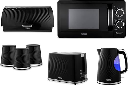 Tower Sonar Black 1.7L 3KW Kettle, 2 Slice Toaster, Bread Bin, Tea, Coffee, Sugar Canisters and T24042BLK 800W 20L Microwave. Stylish Matching Kitchen Set of 7 in Black