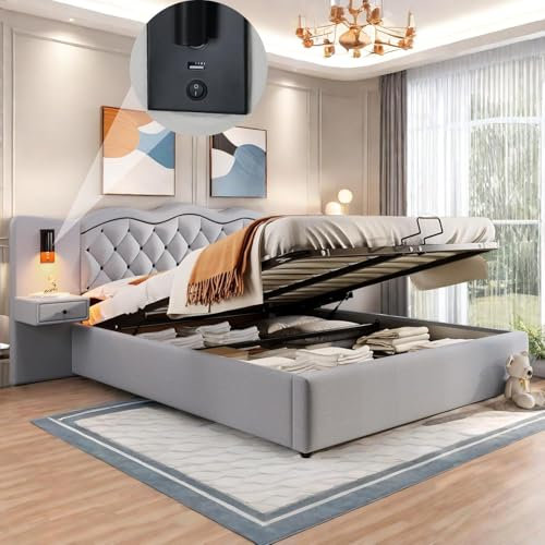 Sapgaks Lit 160x200 avec sommier à Lattes et USB,lit Coffre 160x200 avec LED pour Adulte,Cadre de lit 2 Personnes avec Rangement,Double avec Deux Lampes de Chevet,Gris