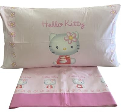 Antiche Tradizioni Hello Kitty Parur singolo Rosa Gabel con Fiori, Design con Gattino e Bordo Rosa 155x200