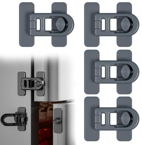 4 Piezas Cerradura para Refrigerador Seguridad Puertas Niños, Cierre Seguridad Cajones Bebe, Seguro Puertas Bebe, Cierres Seguridad Bebe, Pestillo Puerta Sin Agujeros, Para Cajones Neveras, Gris